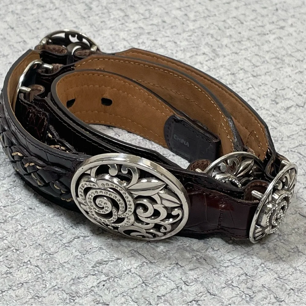 BRIGHTON Belt Brown Woven Croc Leather Concho Rhinestones Silvertone Size 36